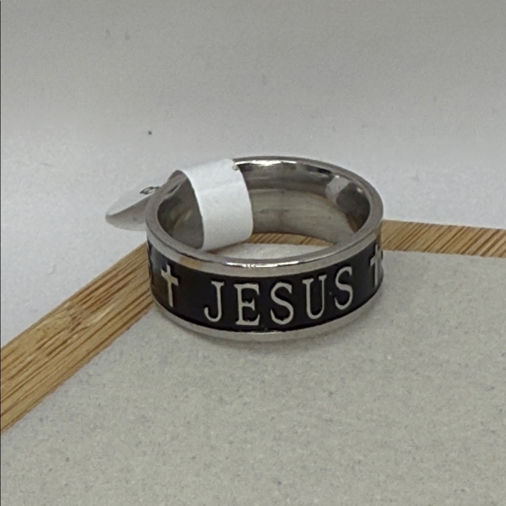JESUS Silver Tone and Black Ring Size 11 
Unisex
